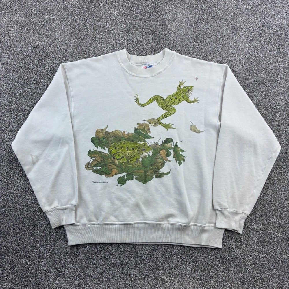 Vintage Leopard Frog Sweatshirt Mens Large White Cotton Frog Amphibian Nature